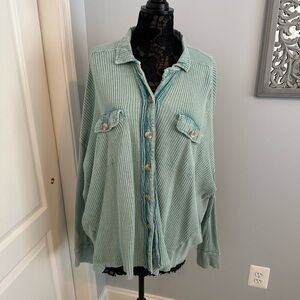 Free People One scout jacket XL waffle knit button front shirt Green
